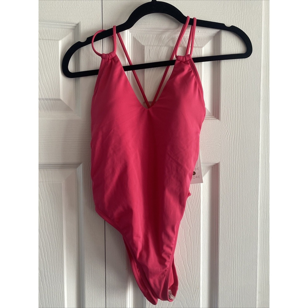 Shade & Shore One Piece Swimsuit Womens Size XS Pink Strappy High Leg Ribbed NEW